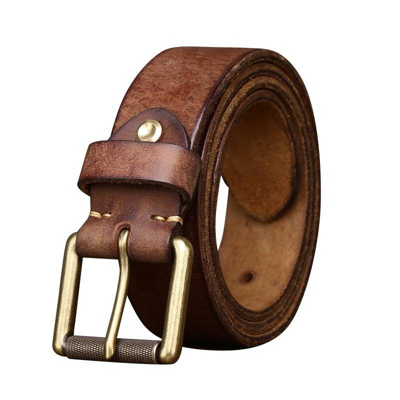 Handmade Thicken Leather Men's Wide Belt with Solid Brass Buckle- 1.6"