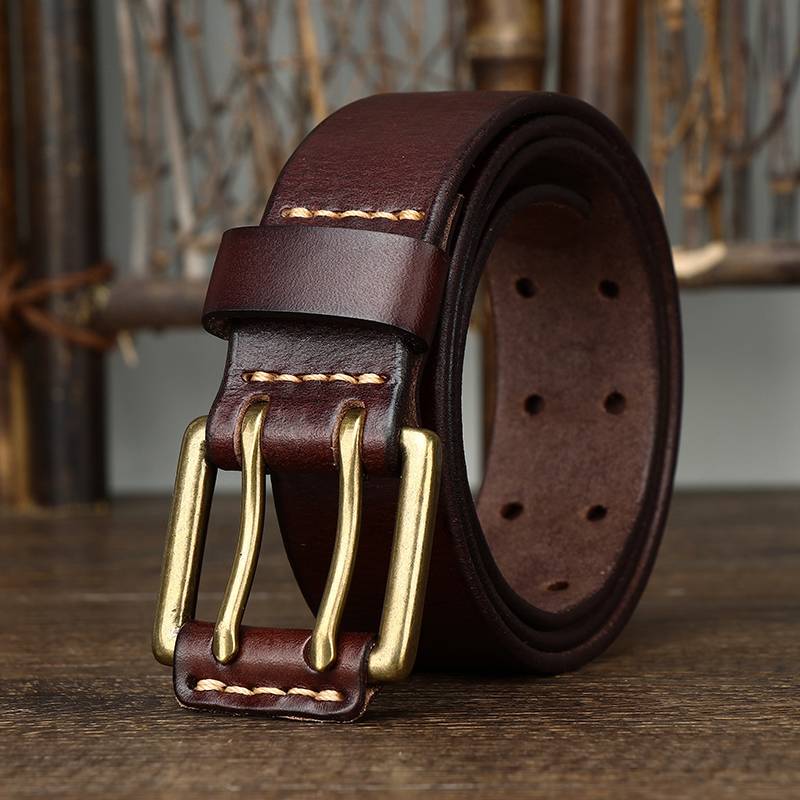 Handmade Vintage Mens Belt with Double Prong Solid Brass Buckle-1.5"