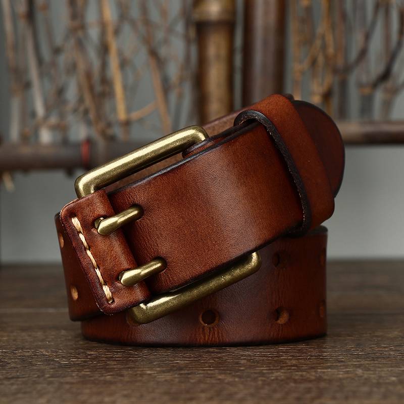 Handmade Vintage Mens Belt with Double Prong Solid Brass Buckle-1.5"