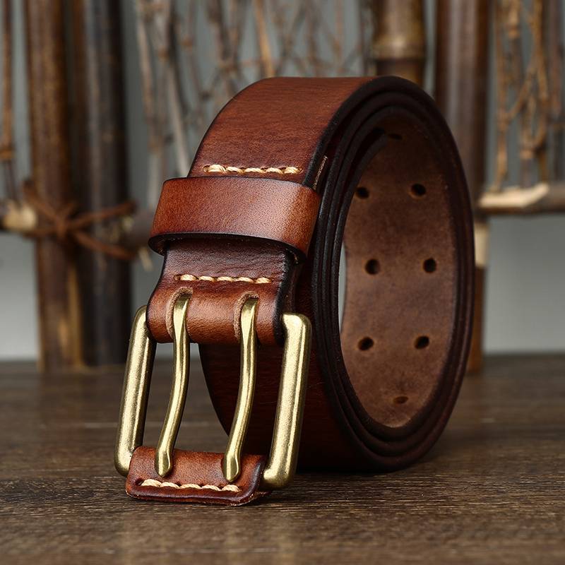 Handmade Vintage Mens Belt with Double Prong Solid Brass Buckle-1.5"