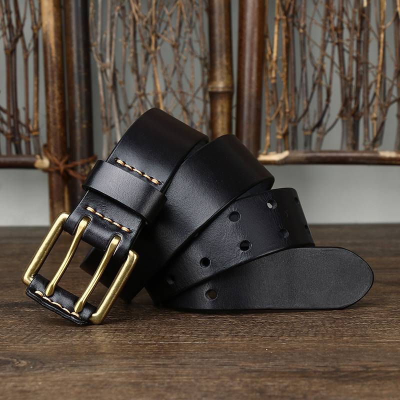 Handmade Vintage Mens Belt with Double Prong Solid Brass Buckle-1.5"