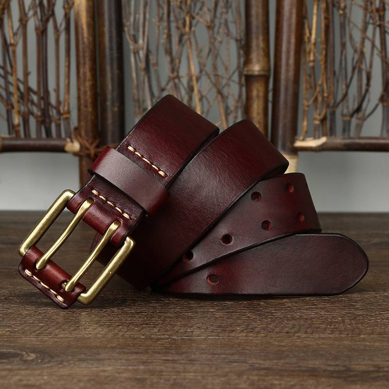 Handmade Vintage Mens Belt with Double Prong Solid Brass Buckle-1.5"