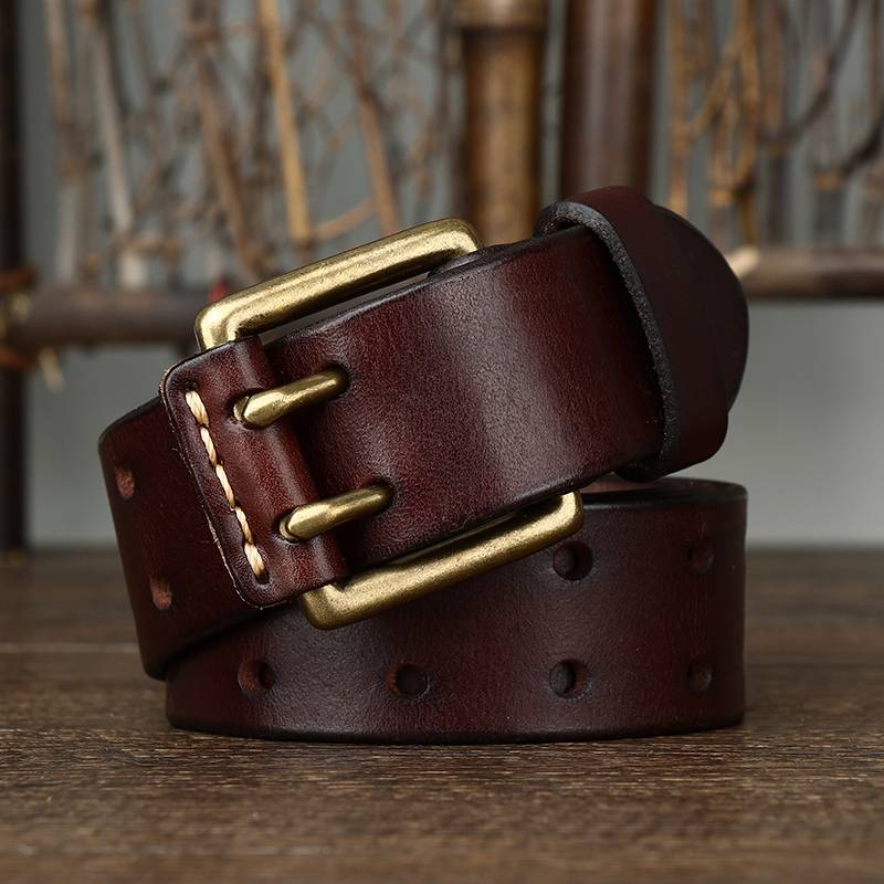 Handmade Vintage Mens Belt with Double Prong Solid Brass Buckle-1.5"