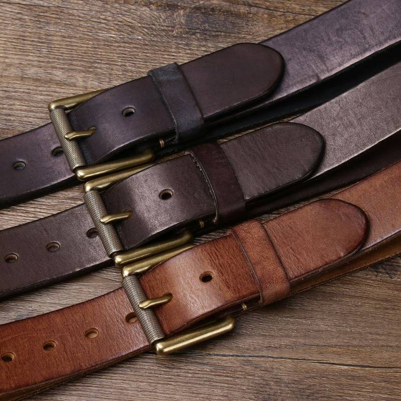 Handgefertigter breiter Herrengürtel aus dickem Leder mit massiver Messingschnalle – 4,1 cm