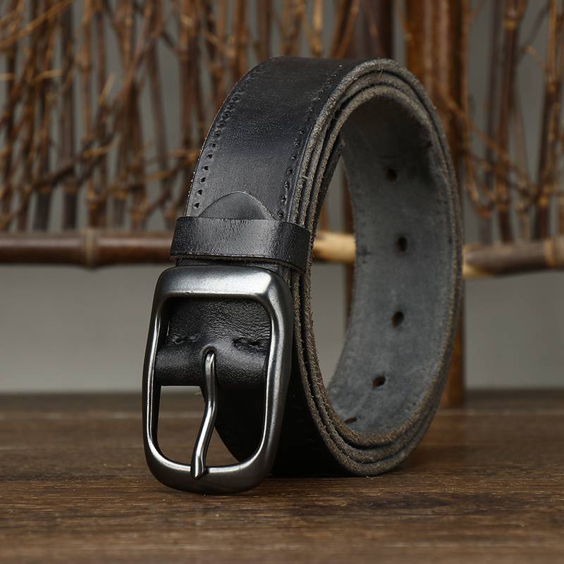 Vintage Pleated Finish Leather Mens Belt with Alloy Buckle-1.3"