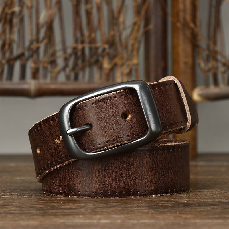 Vintage Pleated Finish Leather Mens Belt with Alloy Buckle-1.3"