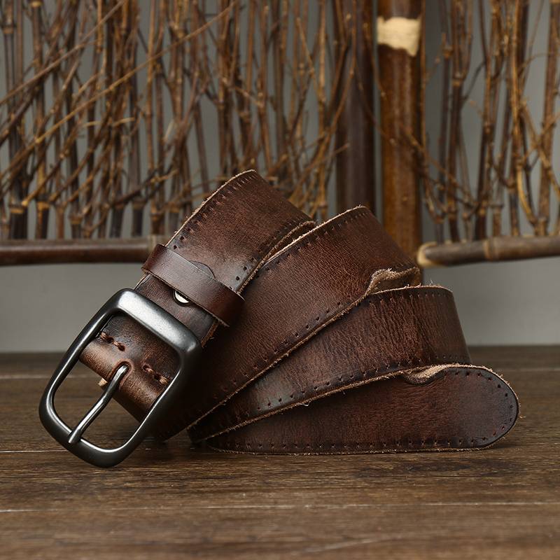 Vintage Pleated Finish Leather Mens Belt with Alloy Buckle-1.3"