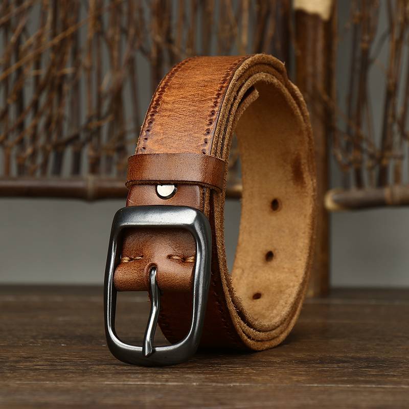 Vintage Pleated Finish Leather Mens Belt with Alloy Buckle-1.3"