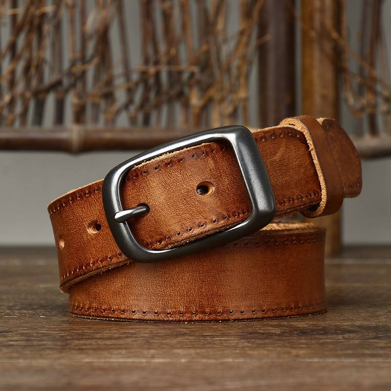 Vintage Pleated Finish Leather Mens Belt with Alloy Buckle-1.3"