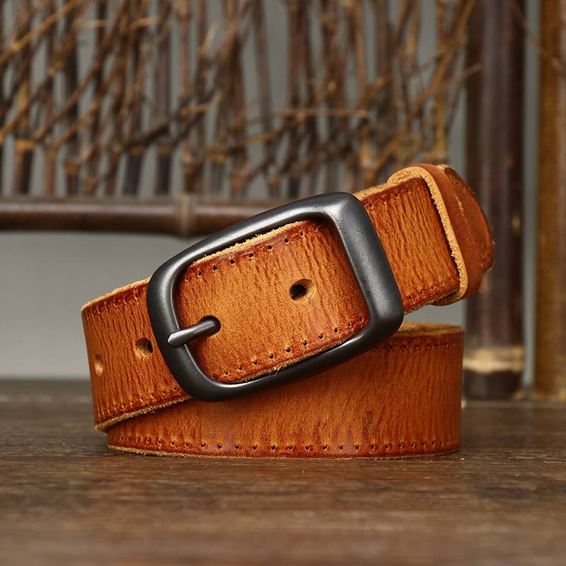 Vintage Pleated Finish Leather Mens Belt with Alloy Buckle-1.3"