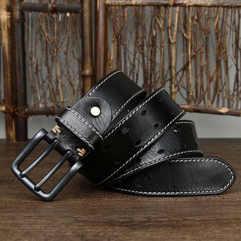 Double Stitches Men's Jeans Belt with Alloy Double Prong Buckle-1.5"