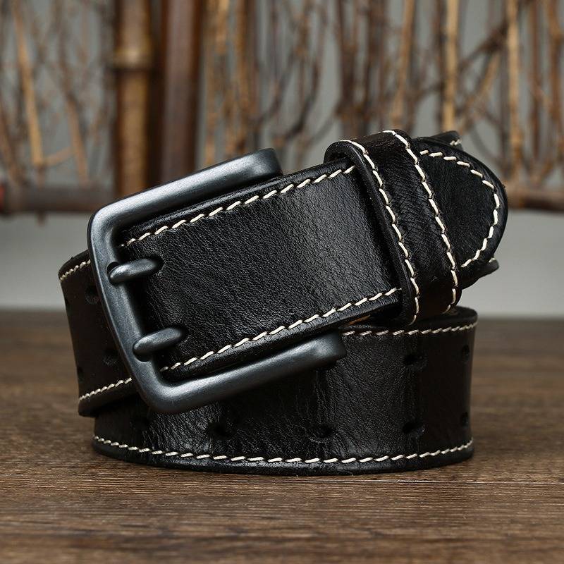 Double Stitches Men's Jeans Belt with Alloy Double Prong Buckle-1.5"