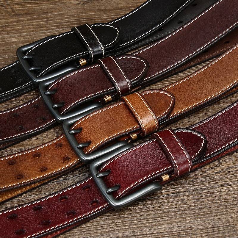 Double Stitches Men's Jeans Belt with Alloy Double Prong Buckle-1.5"