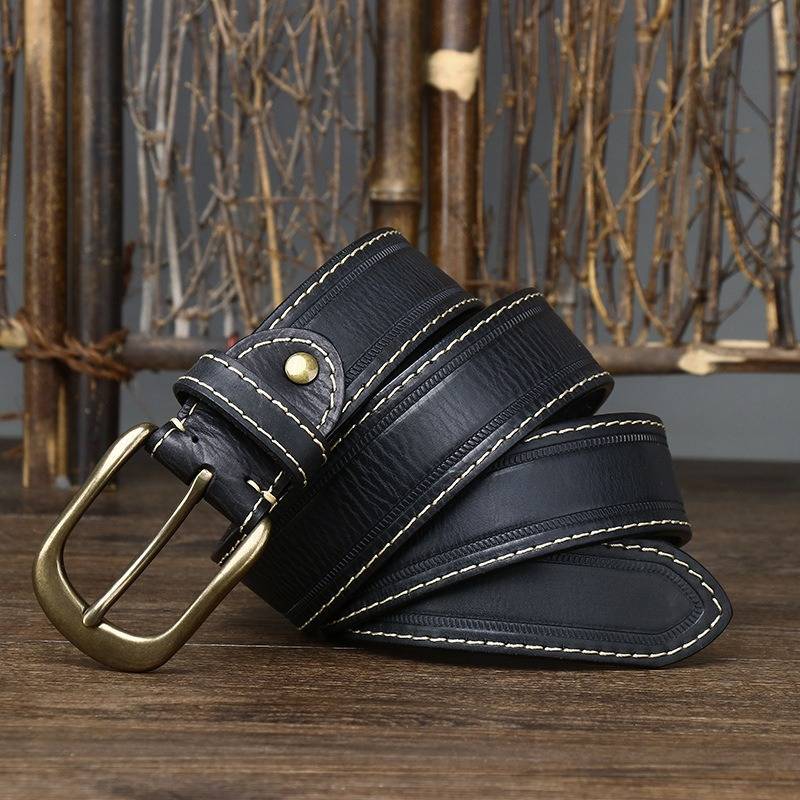 Double Stitching Embossed Men's Belt with Brass Buckle-1.5"