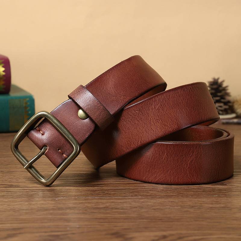 Handmade Leather Jeans Belt with Brass Buckle-1.5"