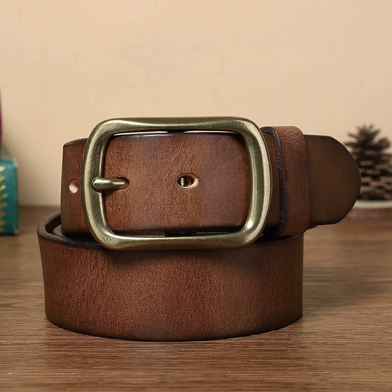 Handmade Leather Jeans Belt with Brass Buckle-1.5"