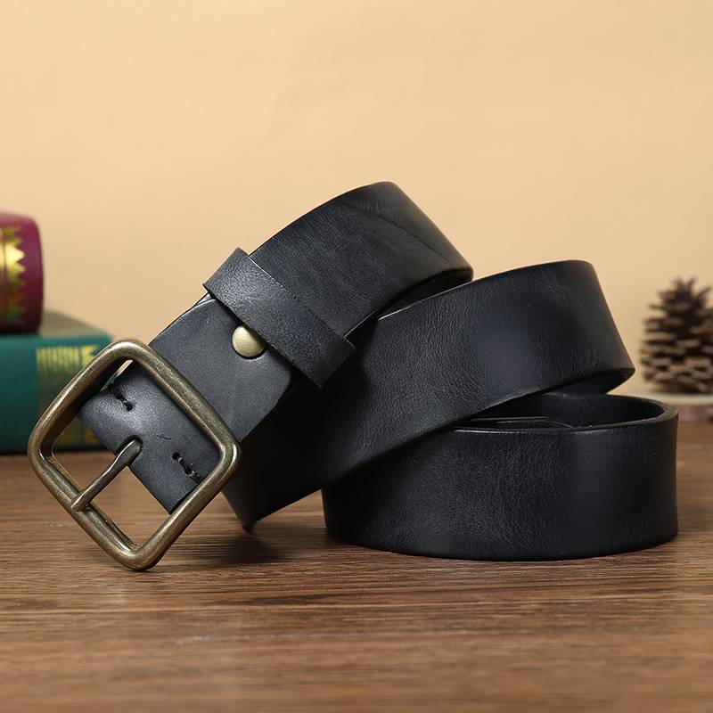 Handmade Leather Jeans Belt with Brass Buckle-1.5"