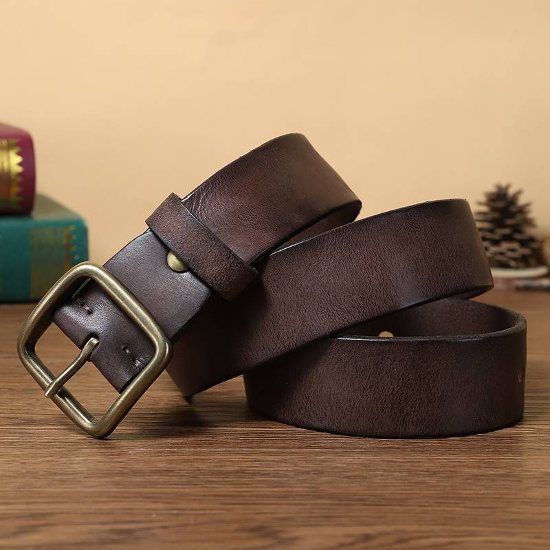 Handmade Leather Jeans Belt with Brass Buckle-1.5"