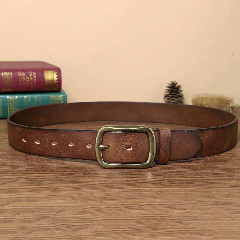 Handmade Leather Jeans Belt with Brass Buckle-1.5"