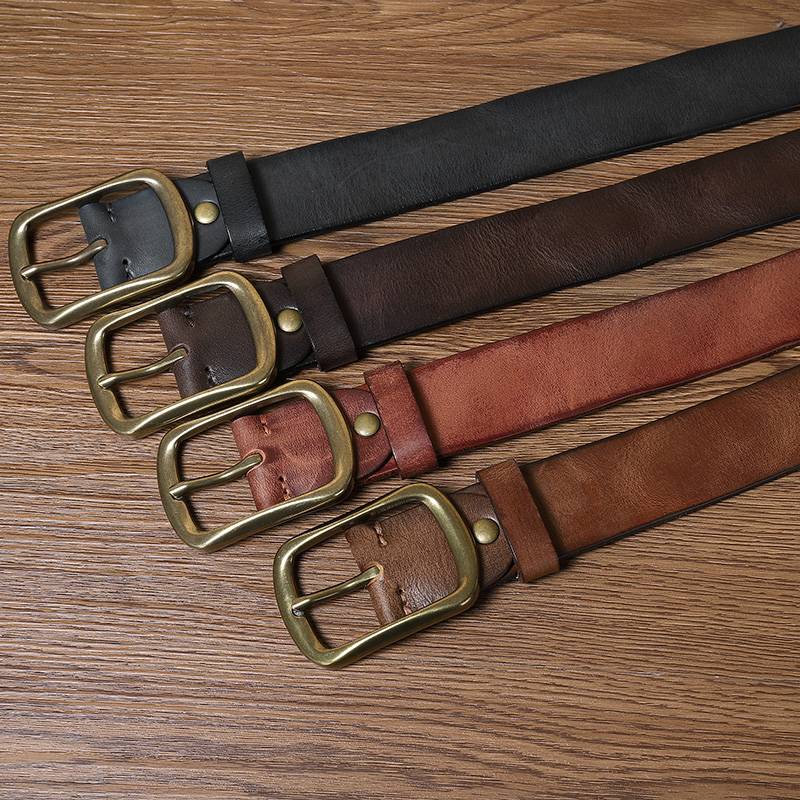 Handmade Leather Jeans Belt with Brass Buckle-1.5"