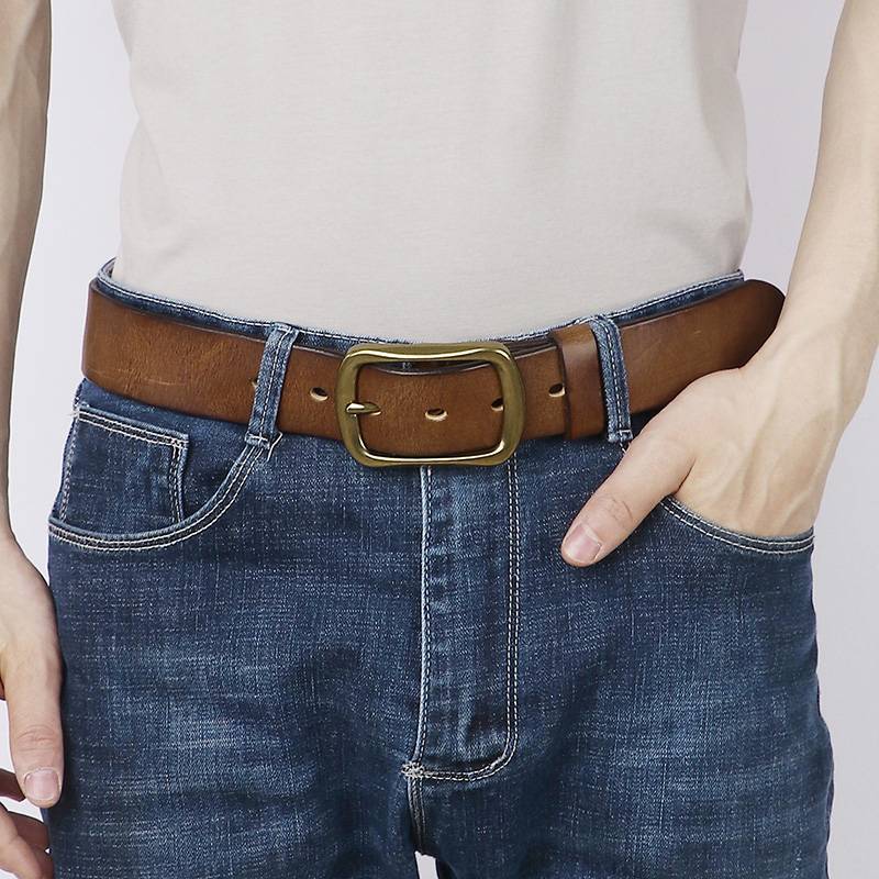 Handmade Leather Jeans Belt with Brass Buckle-1.5"