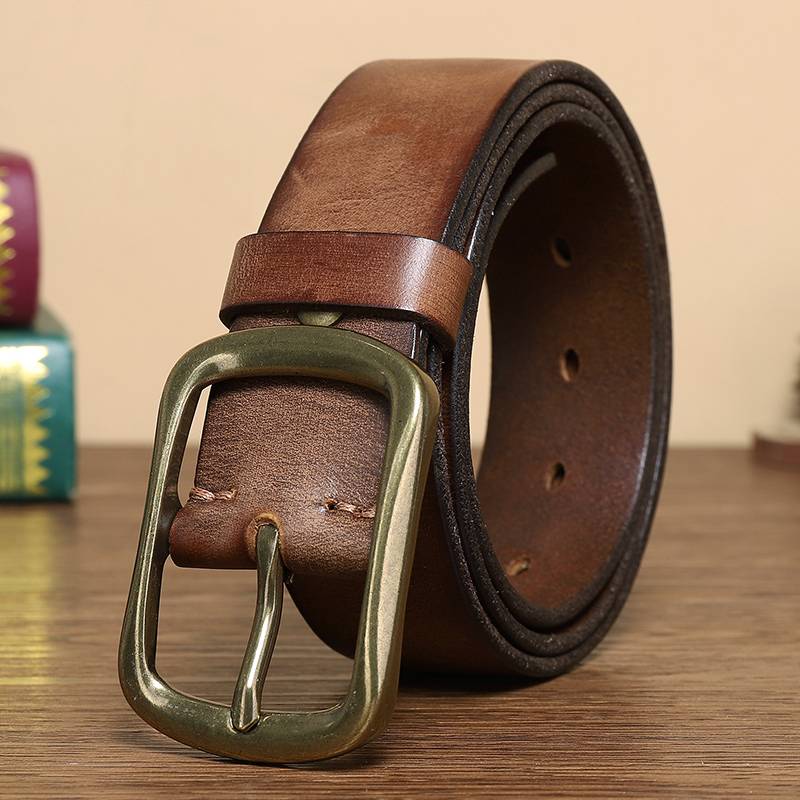 Handmade Leather Jeans Belt with Brass Buckle-1.5"