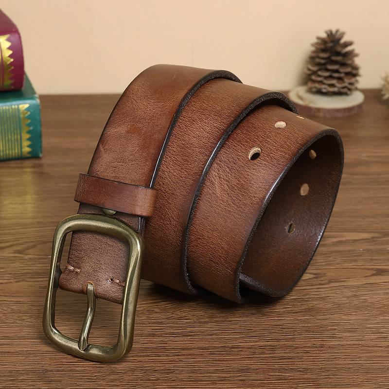 Handmade Leather Jeans Belt with Brass Buckle-1.5"