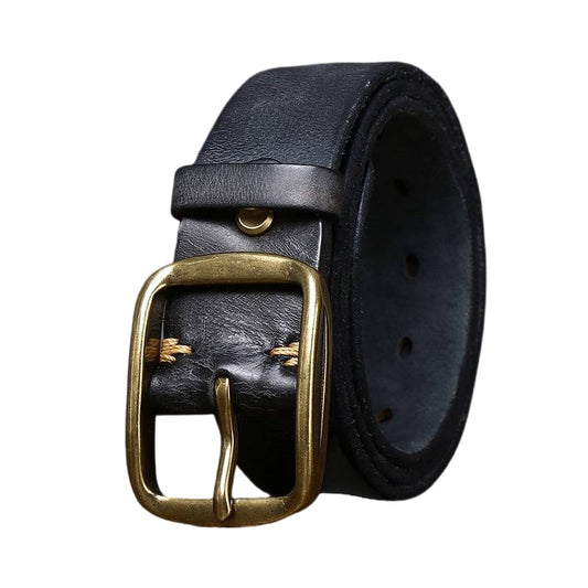 Vintage Pleated Finish Leather Mens Belt with Solid Brass Buckle-1.5"