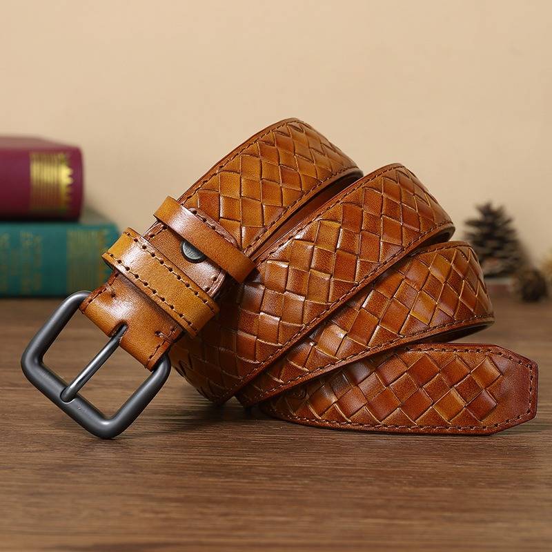 Handcrafted Braided Men Leather Belt with Men Alloy Buckle-1.3"