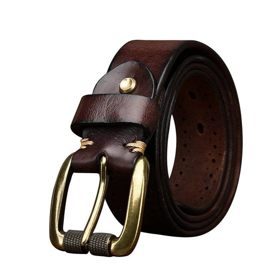 Vintage Hollow Men's Leather Belt with Solid Brass Buckle-1.5"