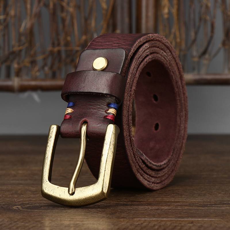 Thicken Leather Vintage Men's Belts with Solid Brass Buckle-1.5"