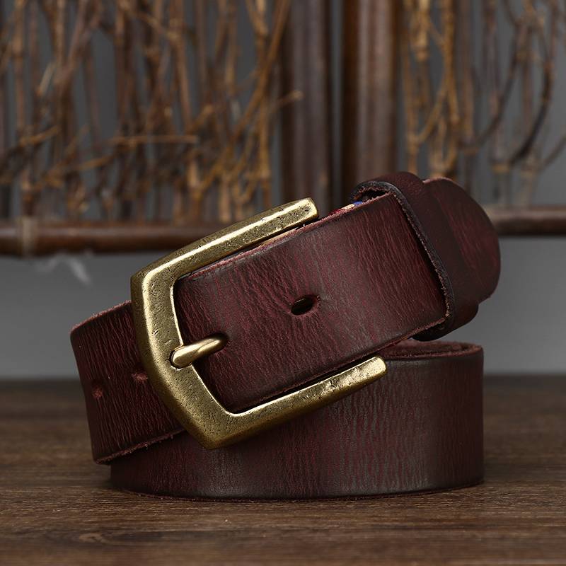 Thicken Leather Vintage Men's Belts with Solid Brass Buckle-1.5"