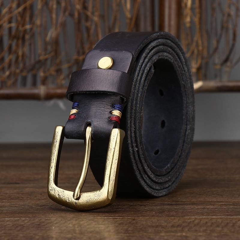 Thicken Leather Vintage Men's Belts with Solid Brass Buckle-1.5"