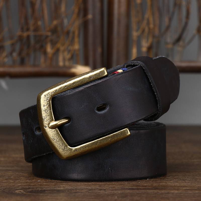 Thicken Leather Vintage Men's Belts with Solid Brass Buckle-1.5"