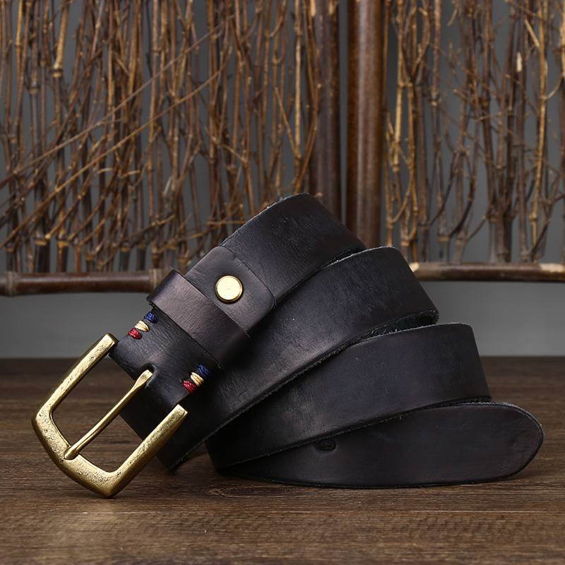 Thicken Leather Vintage Men's Belts with Solid Brass Buckle-1.5"