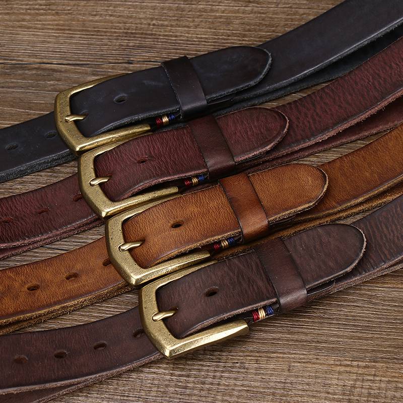 Thicken Leather Vintage Men's Belts with Solid Brass Buckle-1.5"