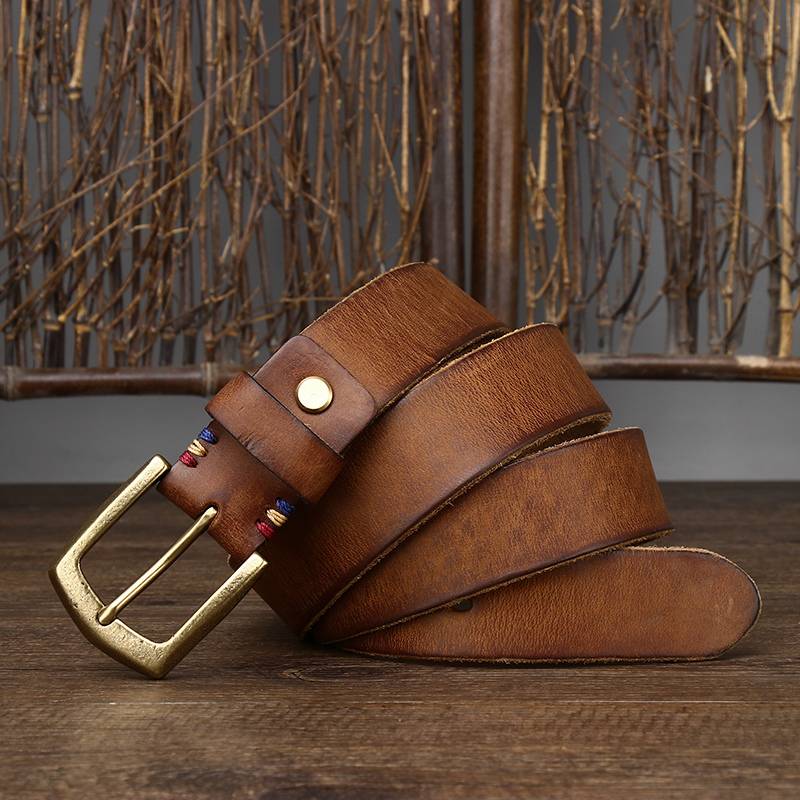 Thicken Leather Vintage Men's Belts with Solid Brass Buckle-1.5"