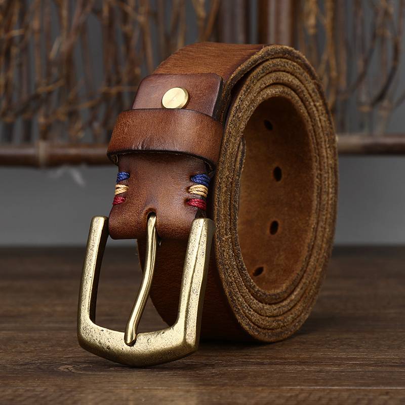 Thicken Leather Vintage Men's Belts with Solid Brass Buckle-1.5"