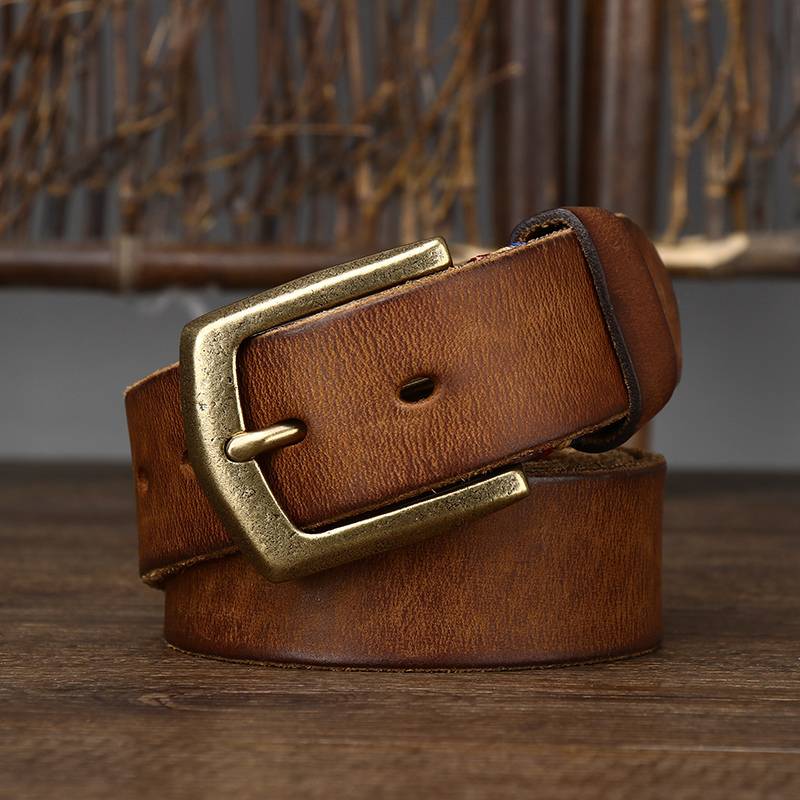 Thicken Leather Vintage Men's Belts with Solid Brass Buckle-1.5"