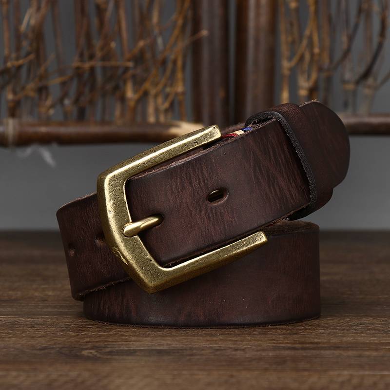 Thicken Leather Vintage Men's Belts with Solid Brass Buckle-1.5"