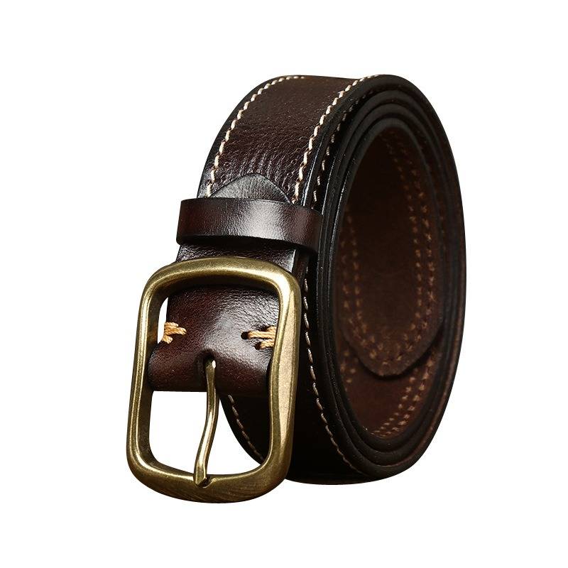 Vintage Double Stitching Finish Mens Belt with Solid Brass Buckle-1.5"