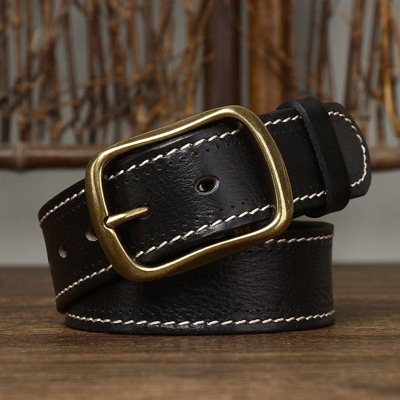 Vintage Double Stitching Finish Mens Belt with Solid Brass Buckle-1.5"