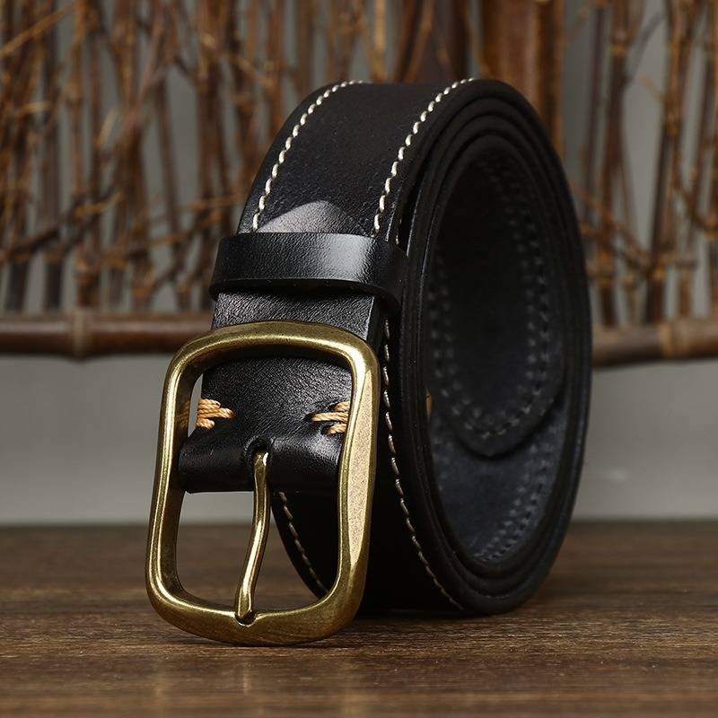 Vintage Double Stitching Finish Mens Belt with Solid Brass Buckle-1.5"