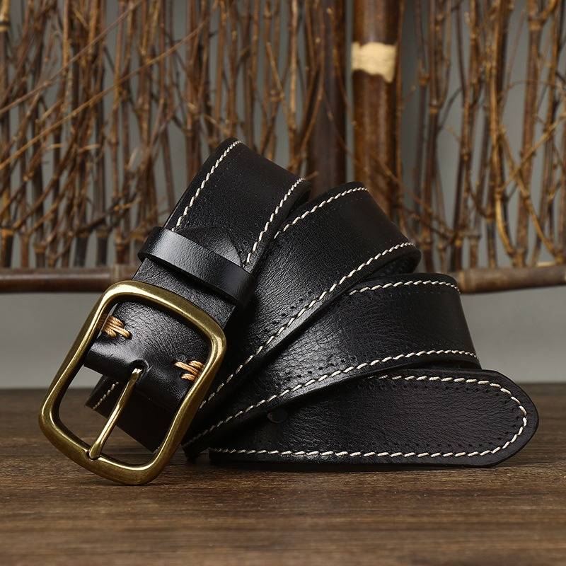 Vintage Double Stitching Finish Mens Belt with Solid Brass Buckle-1.5"