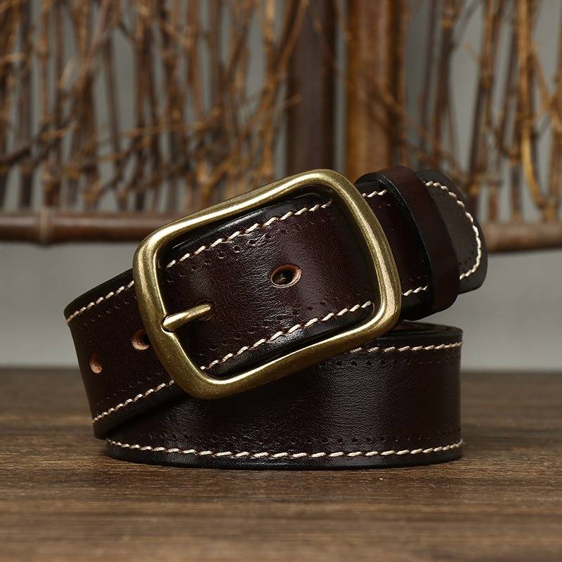 Vintage Double Stitching Finish Mens Belt with Solid Brass Buckle-1.5"