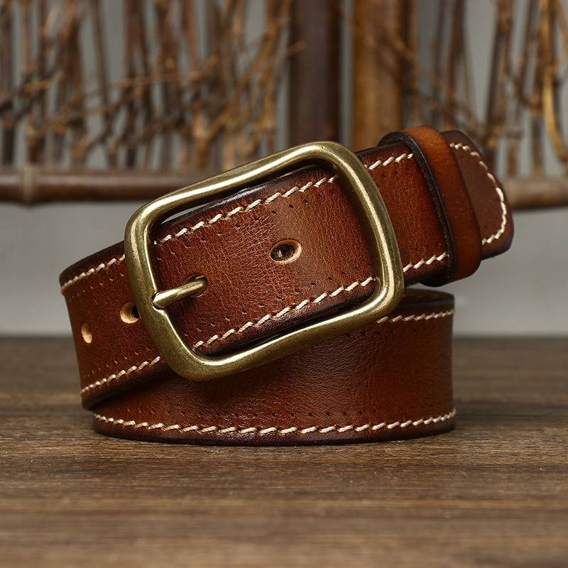 Vintage Double Stitching Finish Mens Belt with Solid Brass Buckle-1.5"