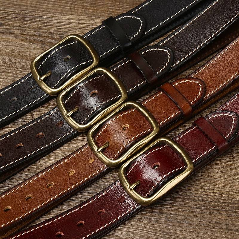 Vintage Double Stitching Finish Mens Belt with Solid Brass Buckle-1.5"