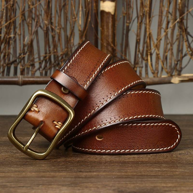 Vintage Double Stitching Finish Mens Belt with Solid Brass Buckle-1.5"