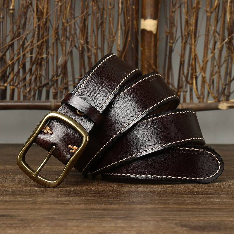 Vintage Double Stitching Finish Mens Belt with Solid Brass Buckle-1.5"