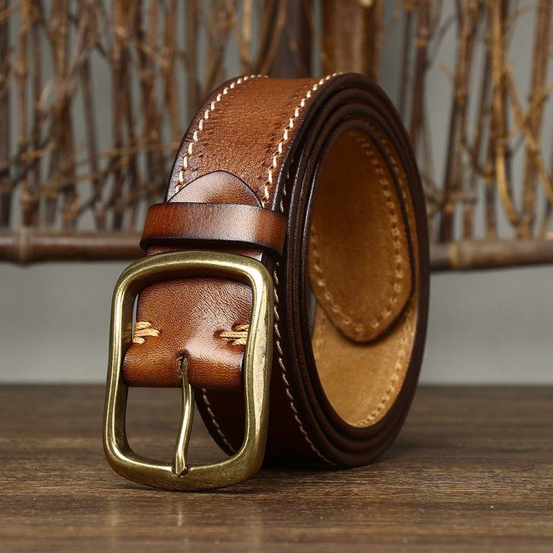 Vintage Double Stitching Finish Mens Belt with Solid Brass Buckle-1.5"